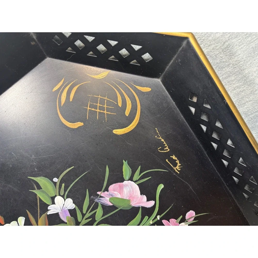 Vtg Nashco Hand‎ Painted Tray Tole Floral Black Octagon Serving Decor